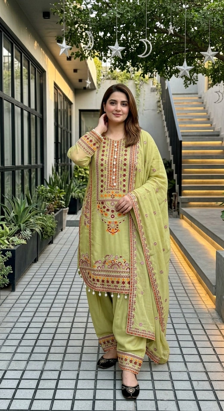 Designer Embroidered Pakistani 3 Piece Suit Set with Dupatta