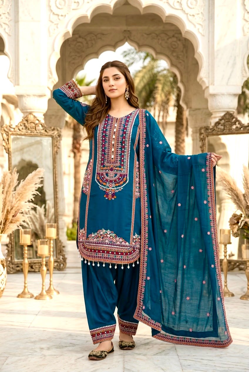 Designer Embroidered Pakistani 3 Piece Suit Set with Dupatta