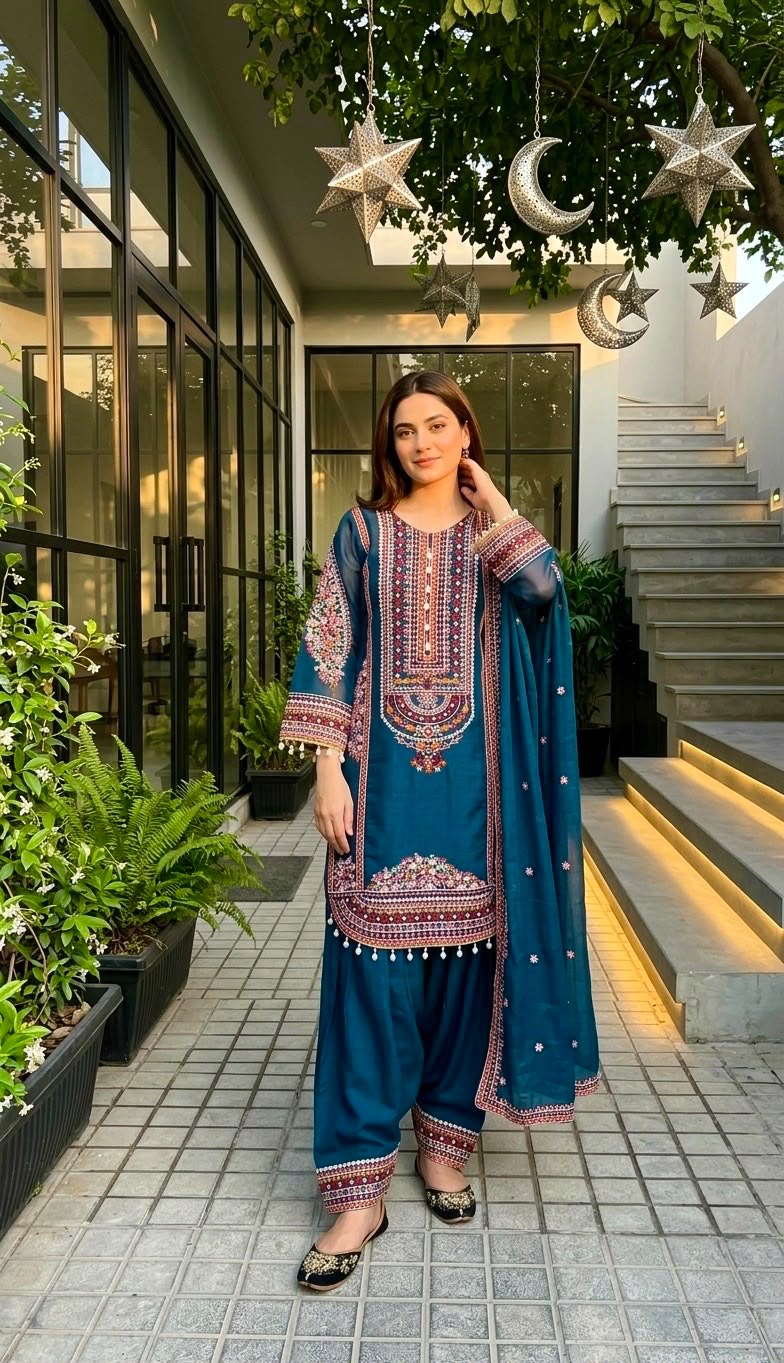 Designer Embroidered Pakistani 3 Piece Suit Set with Dupatta