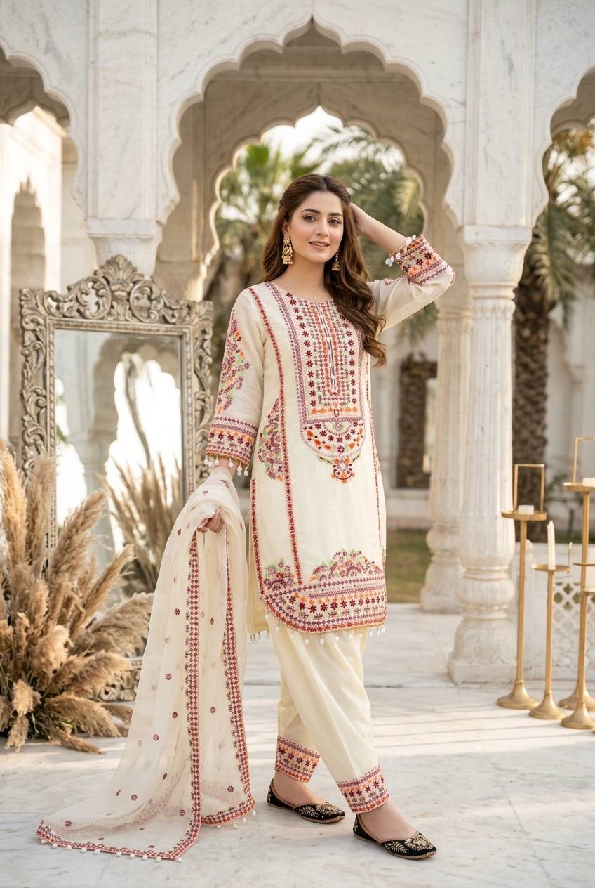 Designer Embroidered Pakistani 3 Piece Suit Set with Dupatta