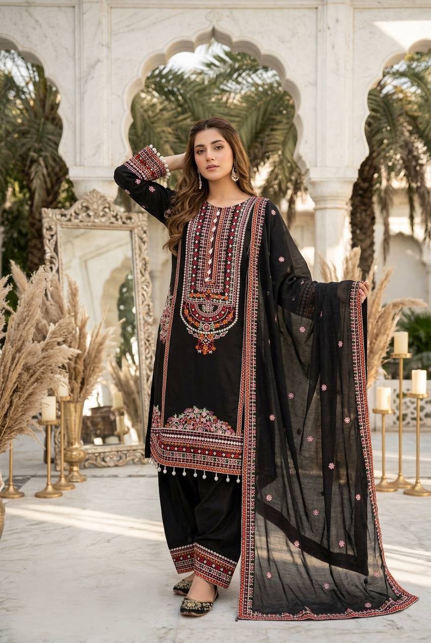 Designer Embroidered Pakistani 3 Piece Suit Set with Dupatta