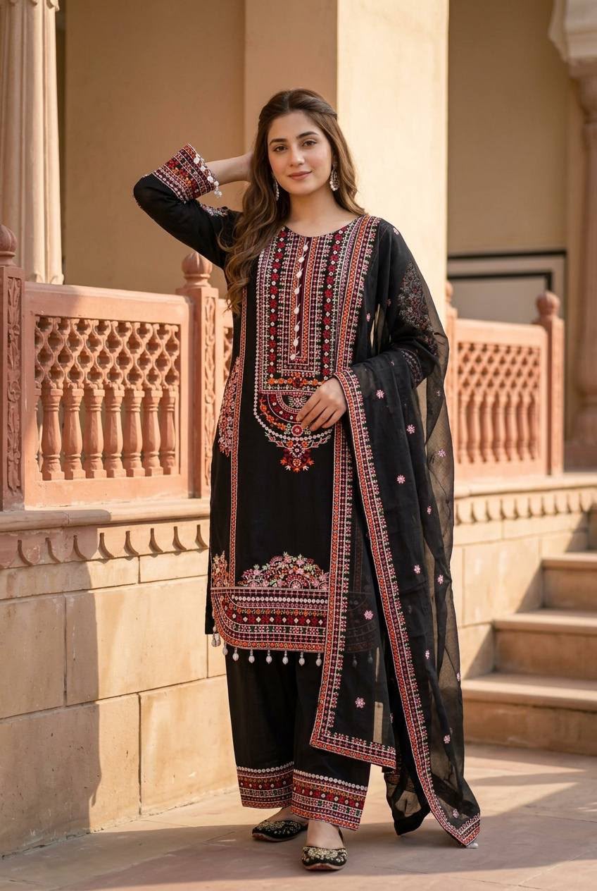 Designer Embroidered Pakistani 3 Piece Suit Set with Dupatta