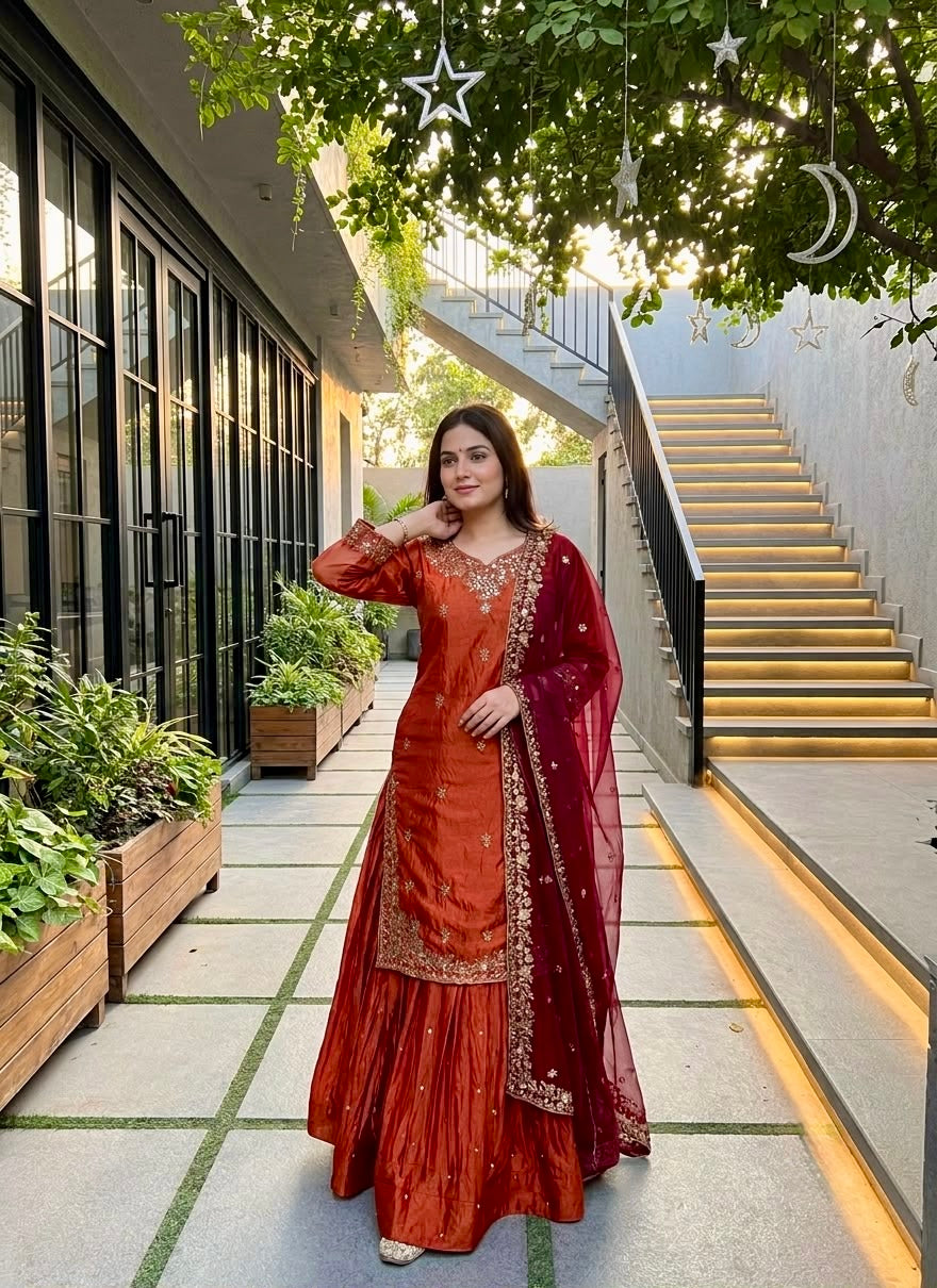 Designer Embroidered Kurta Sharara With Dupatta Set For Women | Festive Ethnic Wear