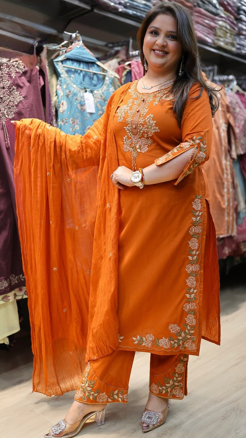 Premium Embroidered Straight Kurta Pant Set with Dupatta | 3-Piece Ethnic Suit