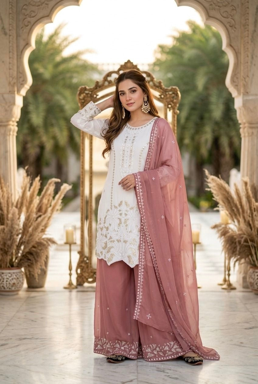 Elegant Embroidered White Kurta Palazzo Suit Set with Dupatta