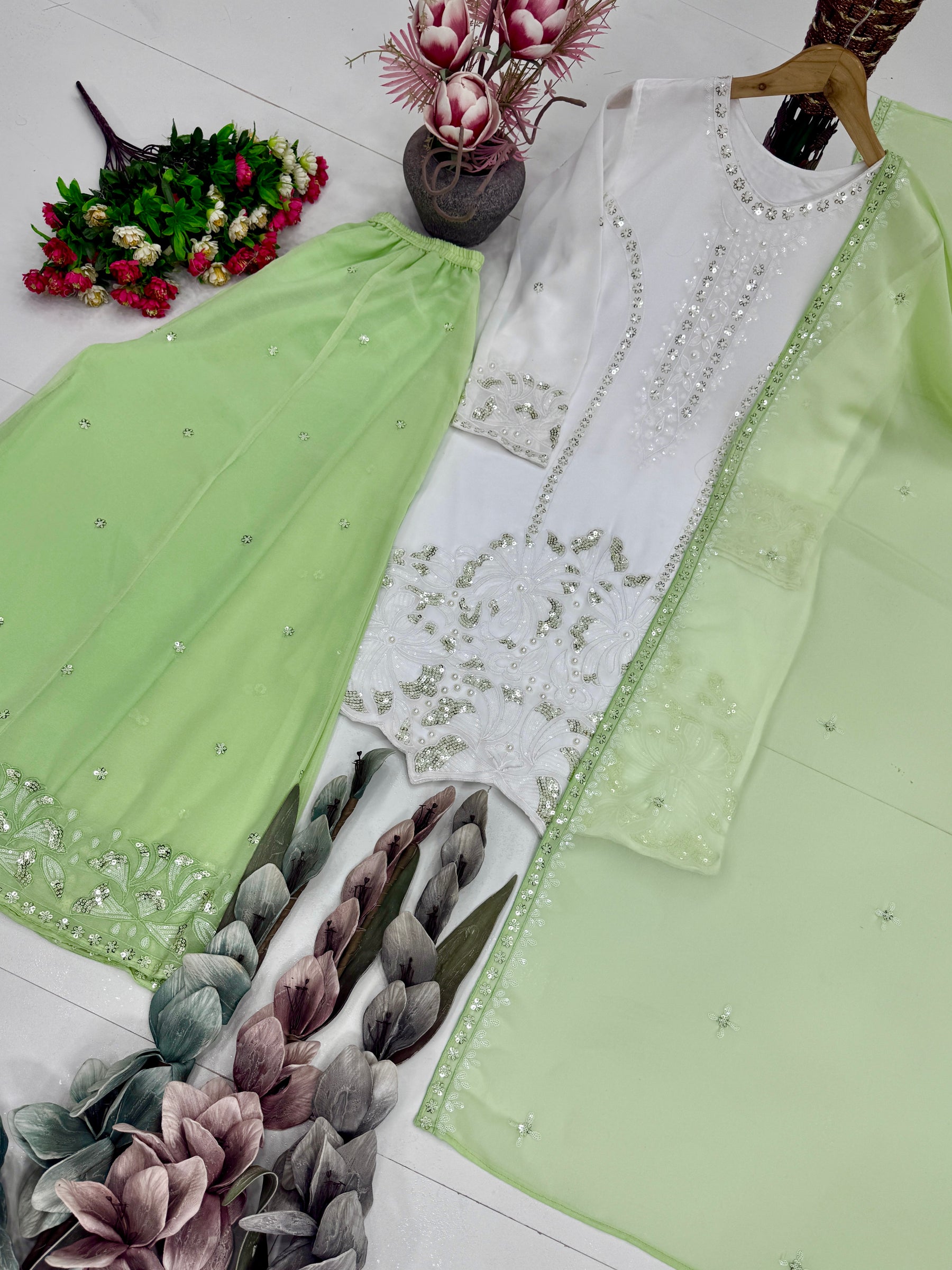 Elegant Embroidered White Kurta Palazzo Suit Set with Dupatta