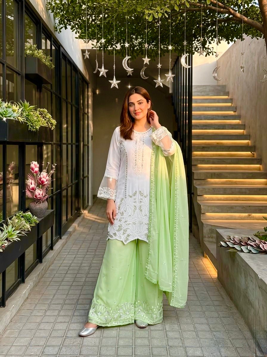 Elegant Embroidered White Kurta Palazzo Suit Set with Dupatta