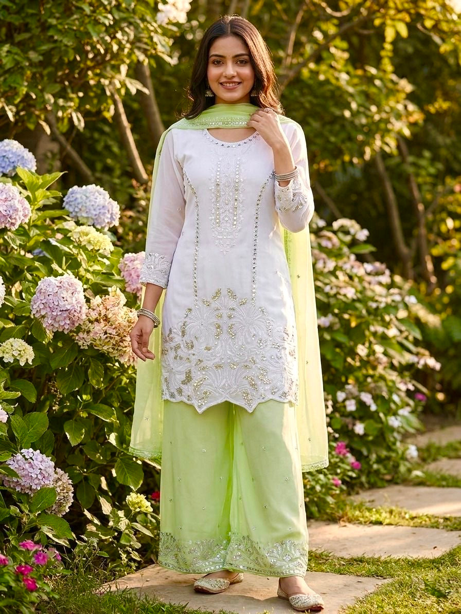 Elegant Embroidered White Kurta Palazzo Suit Set with Dupatta
