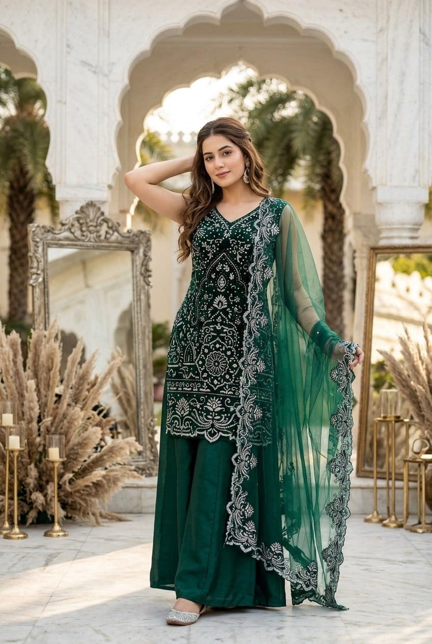 Designer Heavy Embroidered Kurta Palazzo & Dupatta Set for Women