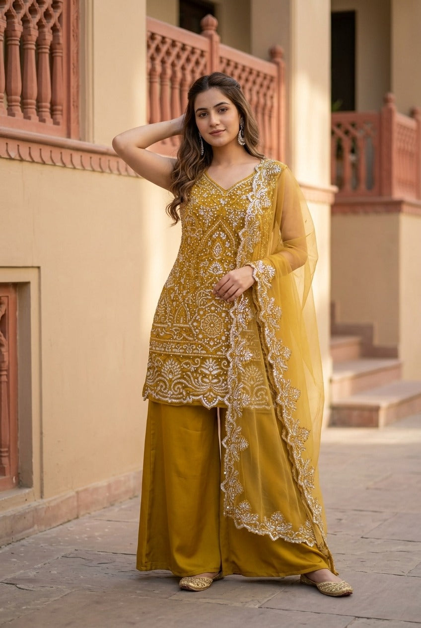 Designer Heavy Embroidered Kurta Palazzo & Dupatta Set for Women