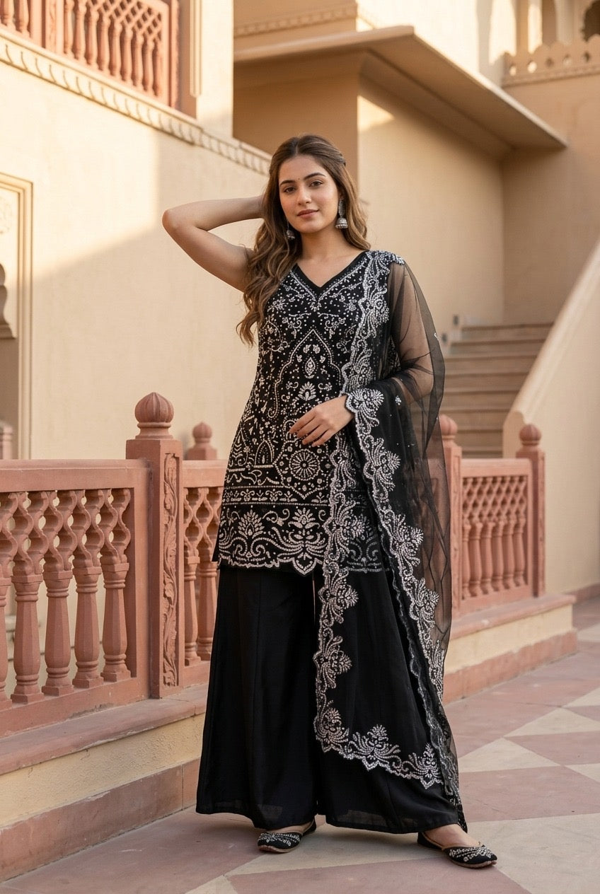 Designer Heavy Embroidered Kurta Palazzo & Dupatta Set for Women
