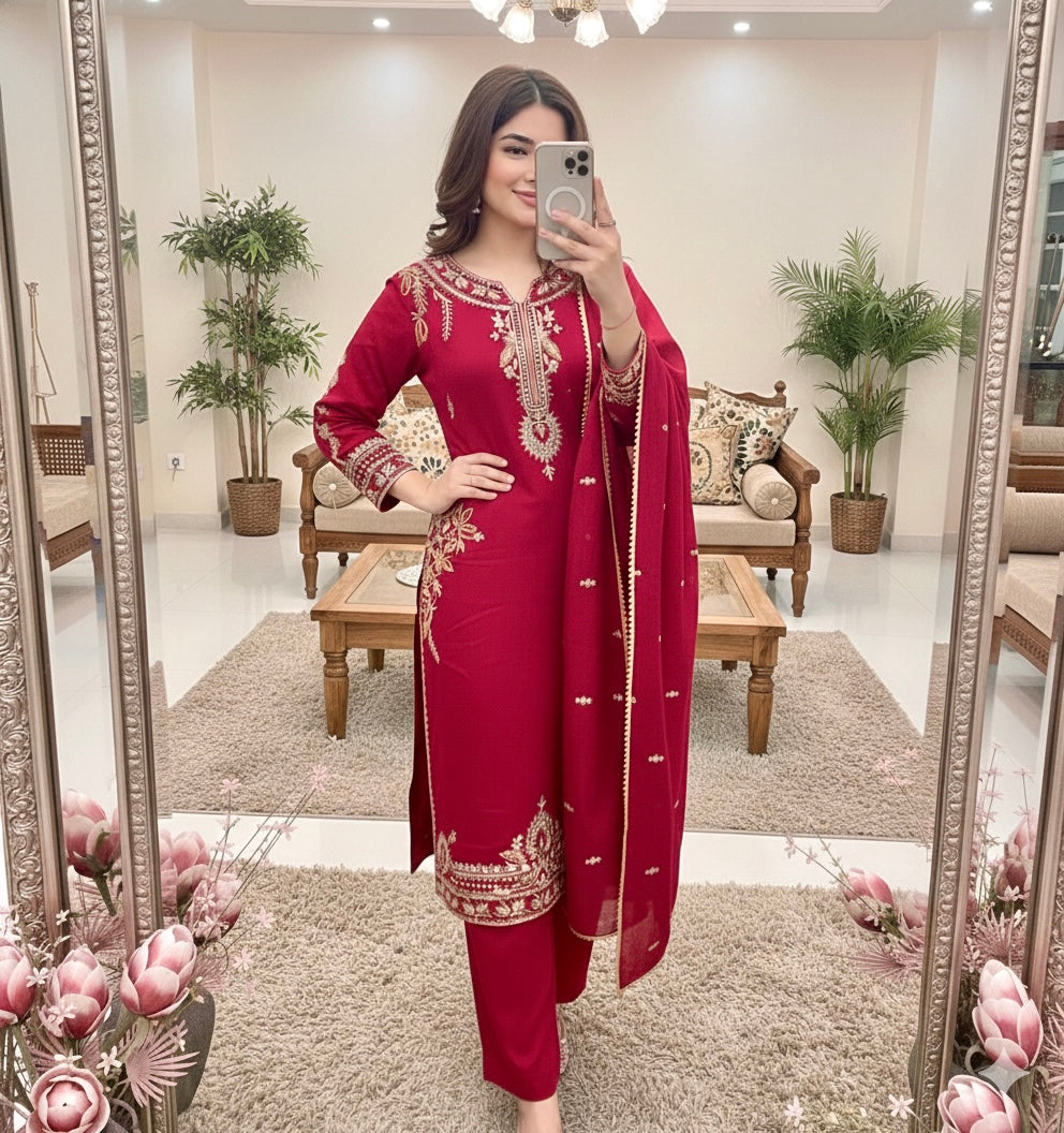 Women's Maroon Embroidered Lawn 3 Piece Suit with Dupatta – Premium Ethnic Pakistani Salwar Kameez