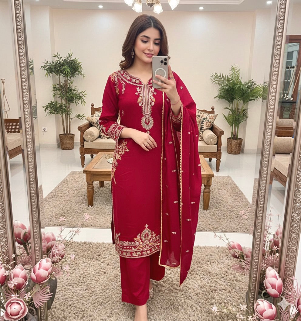 Women's Maroon Embroidered Lawn 3 Piece Suit with Dupatta – Premium Ethnic Pakistani Salwar Kameez