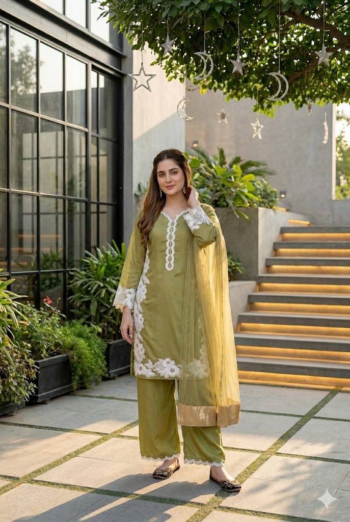 Elegant Embroidered 3-Piece Pakistani Suit with Floral Lace & Dupatta