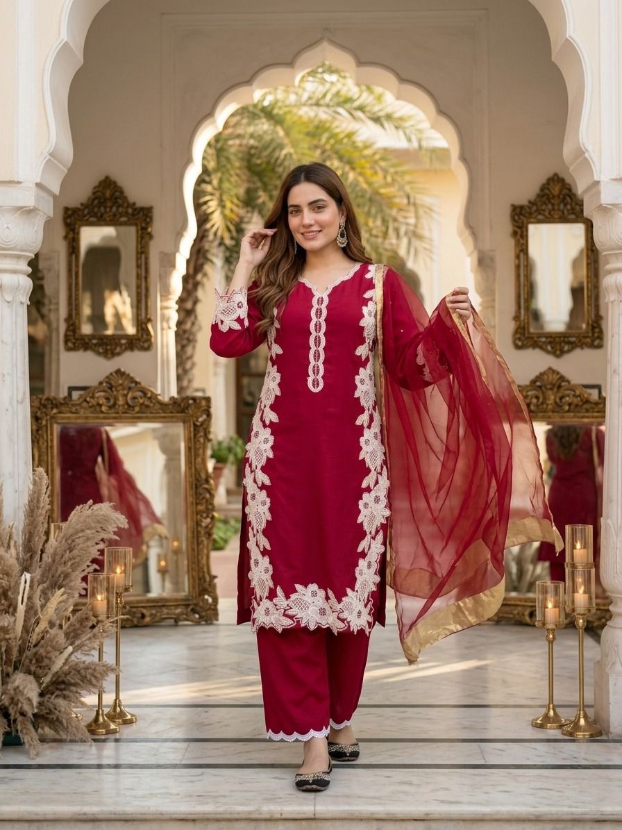 Elegant Embroidered 3-Piece Pakistani Suit with Floral Lace & Dupatta