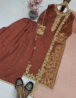 Luxury Brown Embroidered Pakistani Salwar Kameez Suit with Organza Dupatta for Women