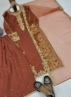 Luxury Brown Embroidered Pakistani Salwar Kameez Suit with Organza Dupatta for Women