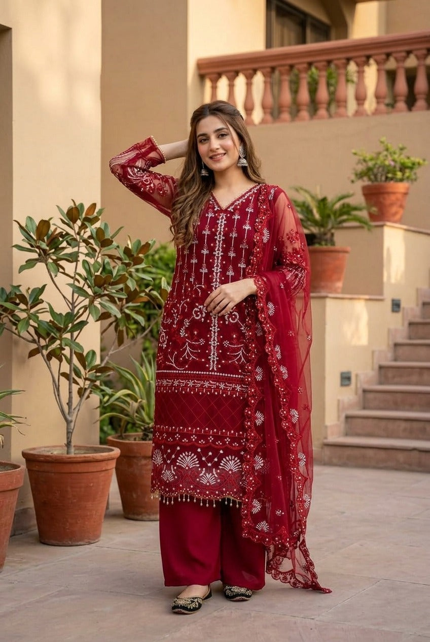 Luxury Embroidered Pakistani 3-Piece Suit with Sheer Dupatta