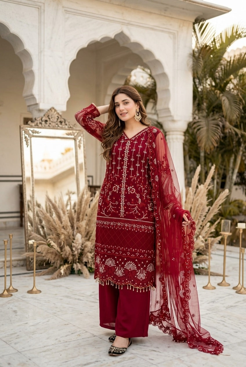 Luxury Embroidered Pakistani 3-Piece Suit with Sheer Dupatta
