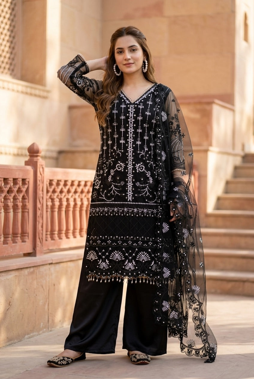 Luxury Embroidered Pakistani 3-Piece Suit with Sheer Dupatta