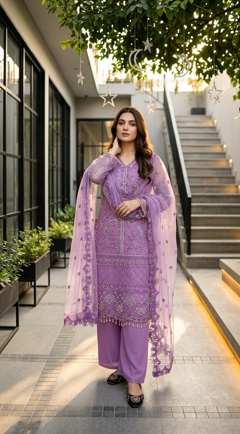 Luxury Embroidered Pakistani 3-Piece Suit with Sheer Dupatta