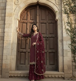 Elegant Navy Blue Embroidered Sharara Suit with Floral Dupatta for Women | Party & Wedding Wear