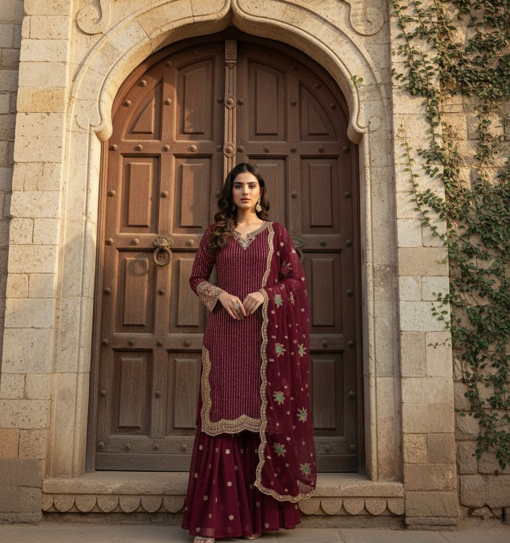 Elegant Navy Blue Embroidered Sharara Suit with Floral Dupatta for Women | Party & Wedding Wear