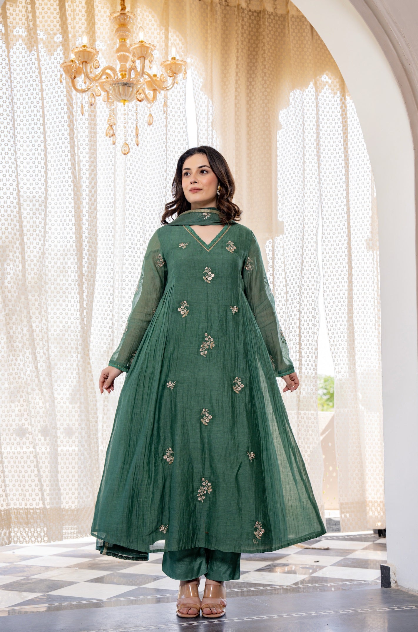 Women’s Dark Green Embroidered Anarkali Kurta Pant Set with Dupatta | MV-646-GRN