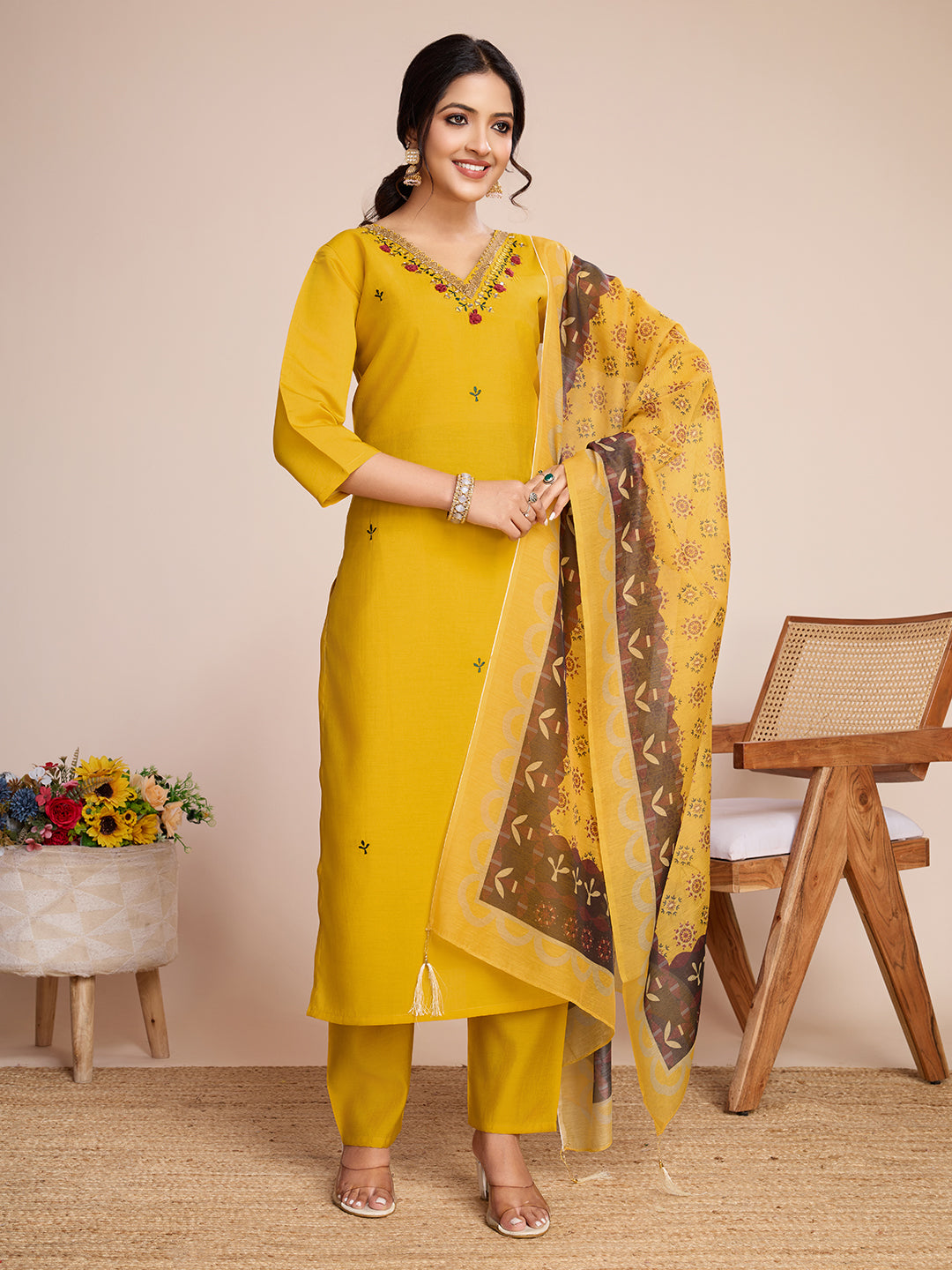 ILARAA Women's Mustard Yellow Embroidered Soft Rayon Slub Kurta Pant Set with Chanderi Cotton Dupatta | Premium Ethnic Wear