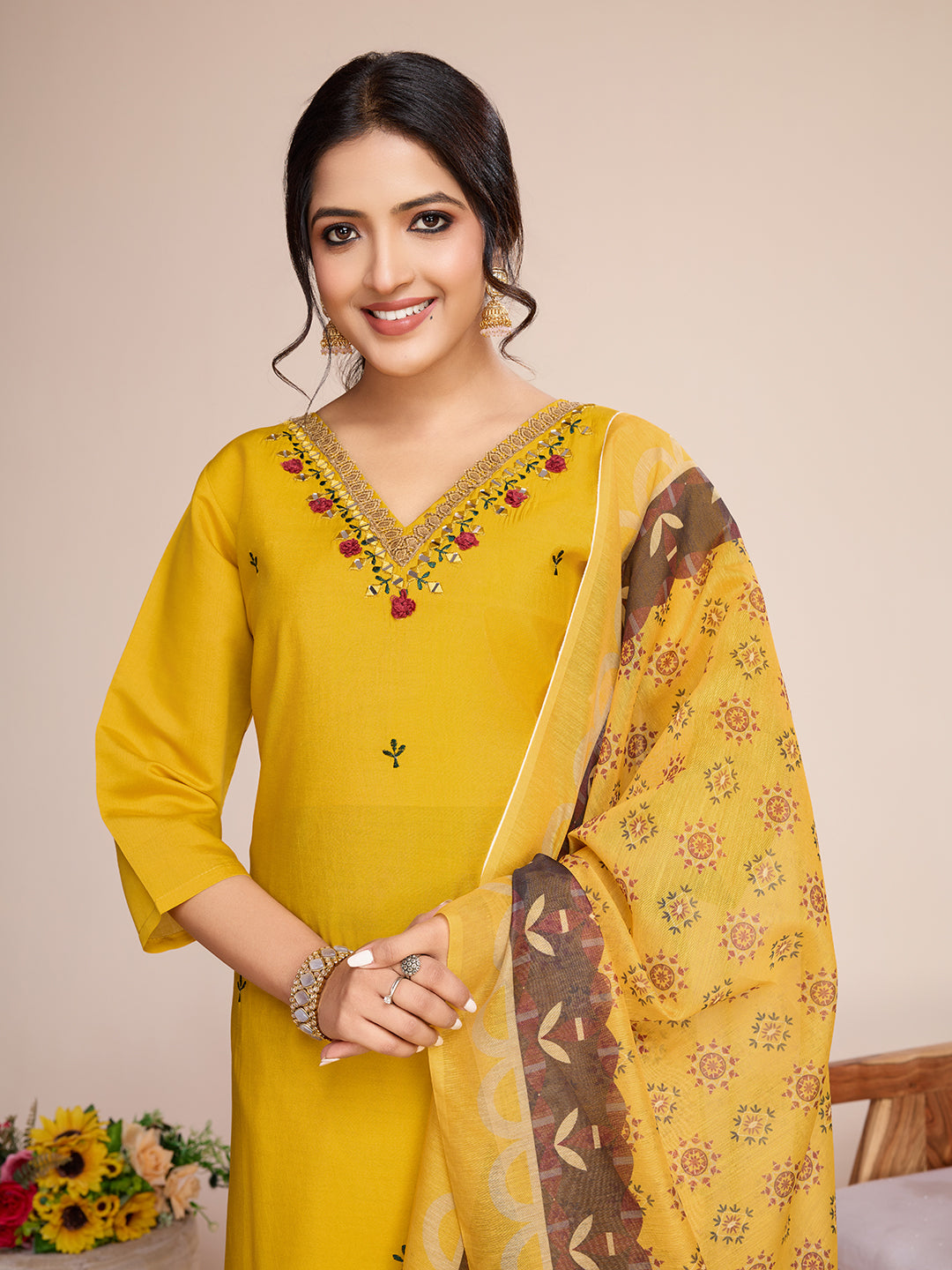 ILARAA Women's Mustard Yellow Embroidered Soft Rayon Slub Kurta Pant Set with Chanderi Cotton Dupatta | Premium Ethnic Wear