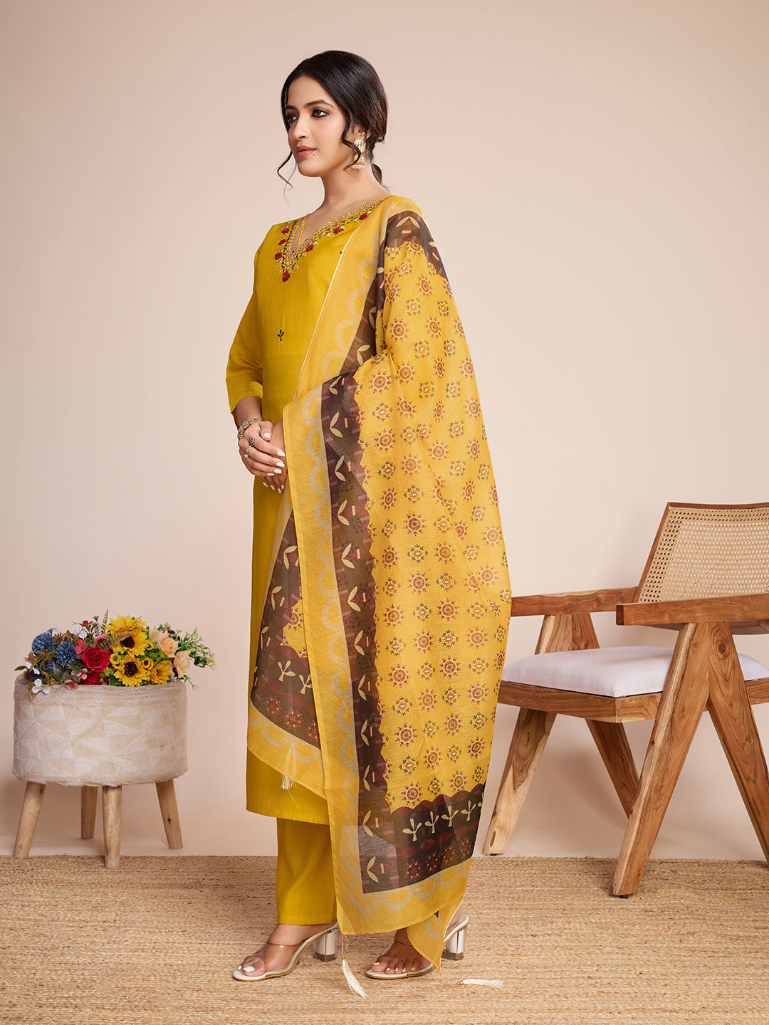ILARAA Women's Mustard Yellow Embroidered Soft Rayon Slub Kurta Pant Set with Chanderi Cotton Dupatta | Premium Ethnic Wear