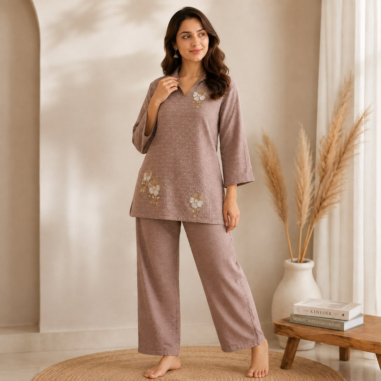 Women’s Mauve Embroidered Kurta Pant Co-Ord Set | Elegant Casual Ethnic Wear