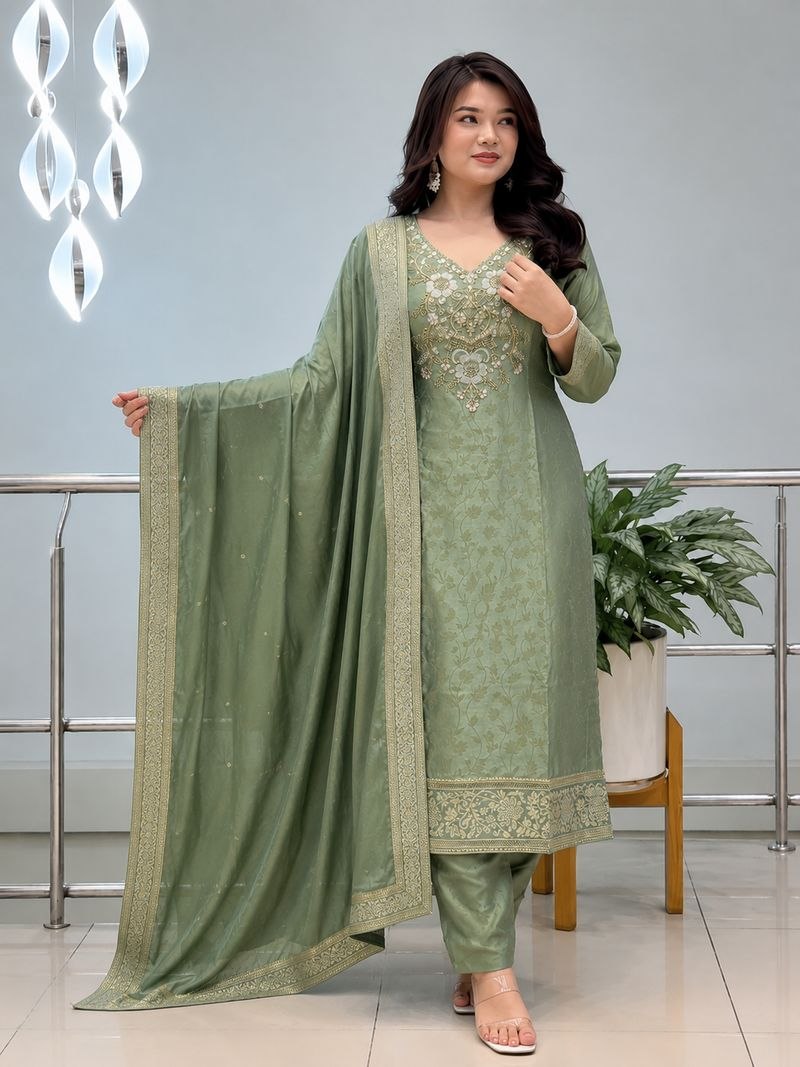 Designer Green Embroidered Silk Suit Set with Dupatta | 3 Piece Ethnic Wear