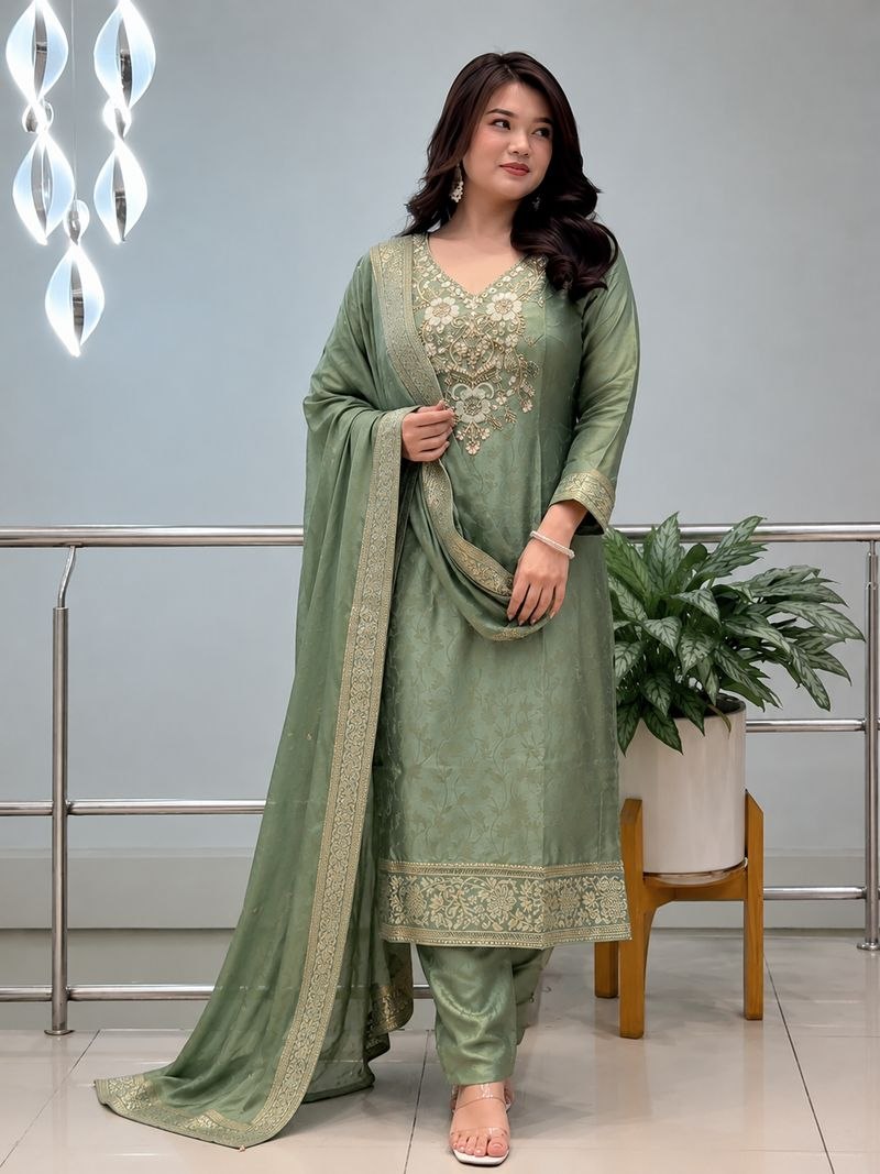 Designer Green Embroidered Silk Suit Set with Dupatta | 3 Piece Ethnic Wear