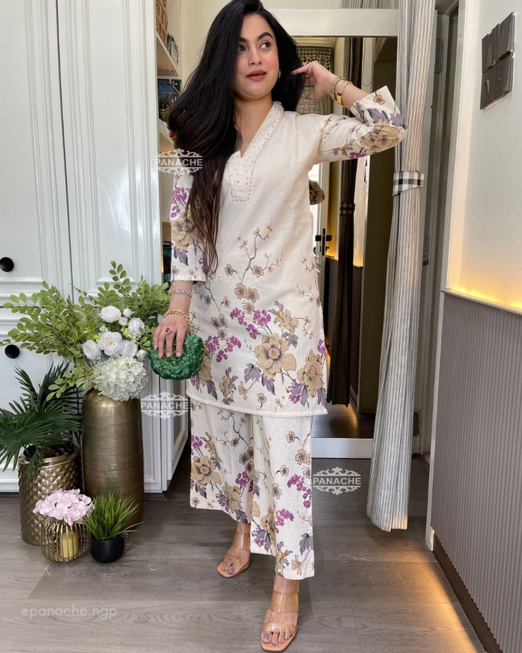 Floral Printed Kurta Palazzo Set for Women – Cream