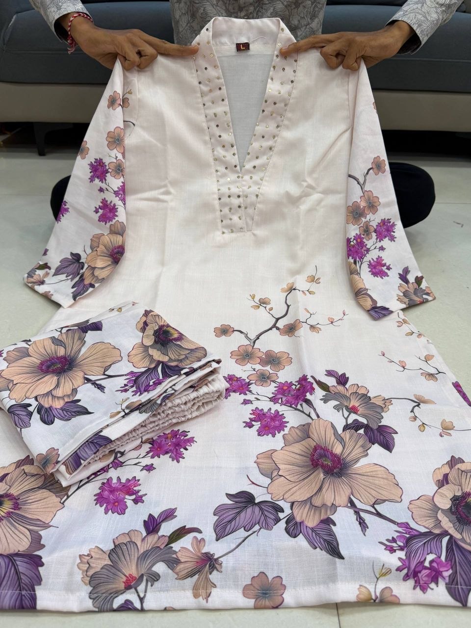 Floral Printed Kurta Palazzo Set for Women – Cream