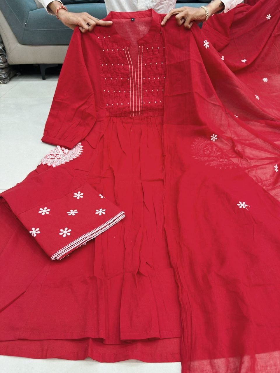 Pure Cotton 60x60 printed women’s suit set with handwork neckline, hand Buti work, matching pant, dupatta and bracelet