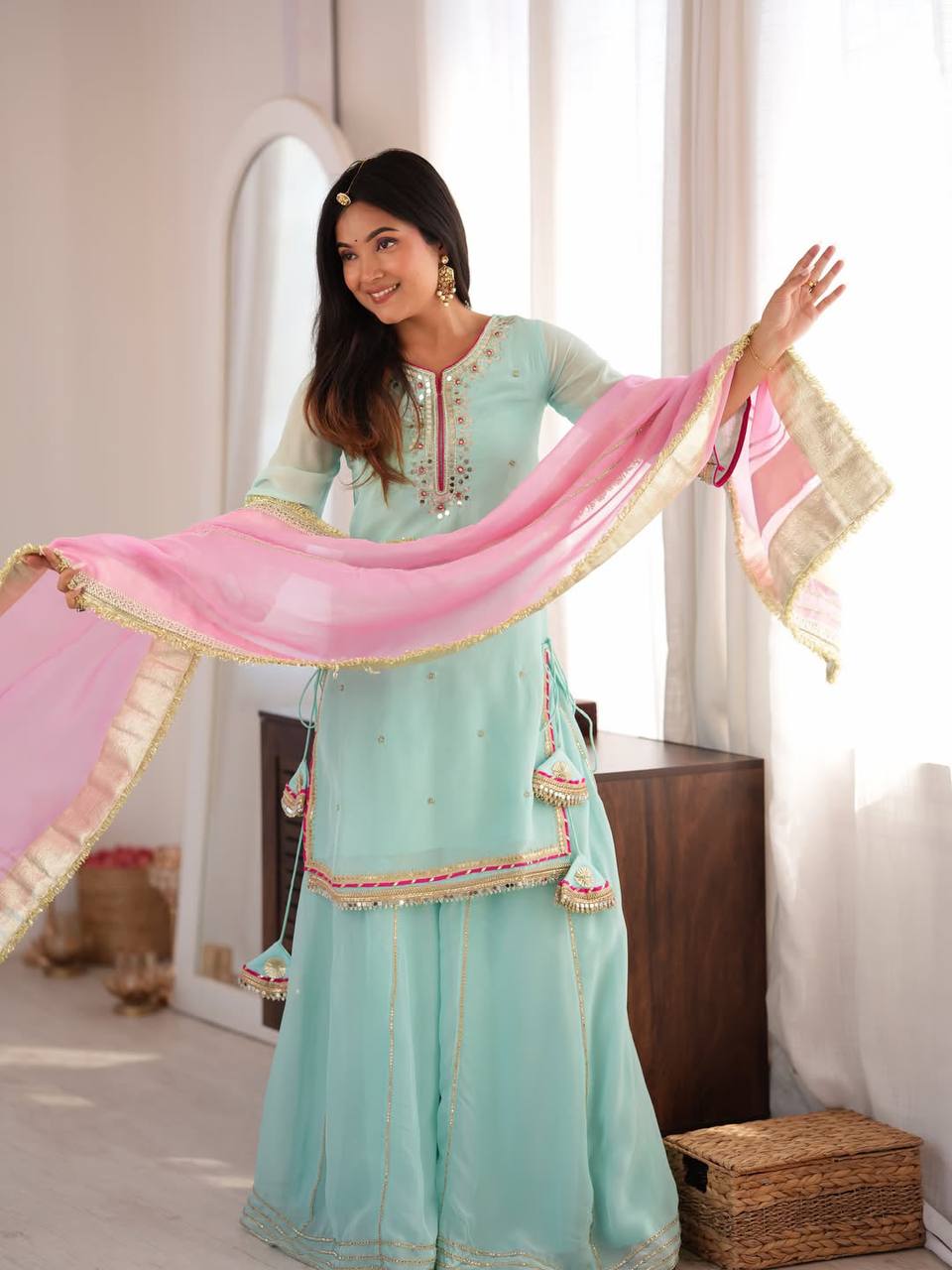 Designer Embroidered Pakistani Suit Set with Sharara & Dupatta