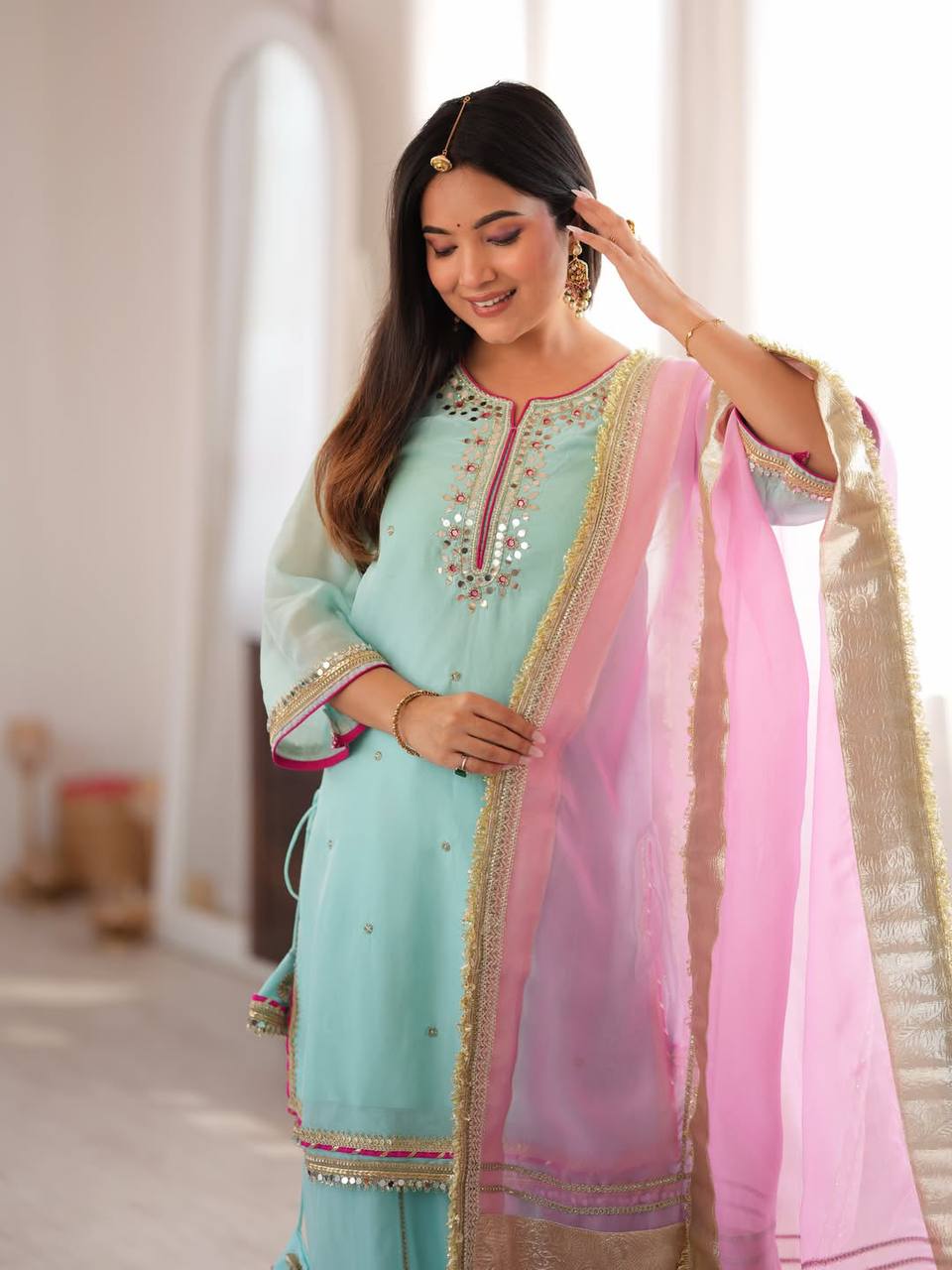 Designer Embroidered Pakistani Suit Set with Sharara & Dupatta