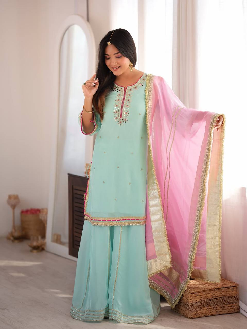 Designer Embroidered Pakistani Suit Set with Sharara & Dupatta
