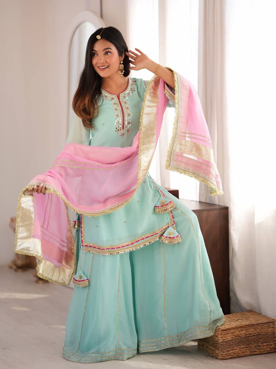 Designer Embroidered Pakistani Suit Set with Sharara & Dupatta