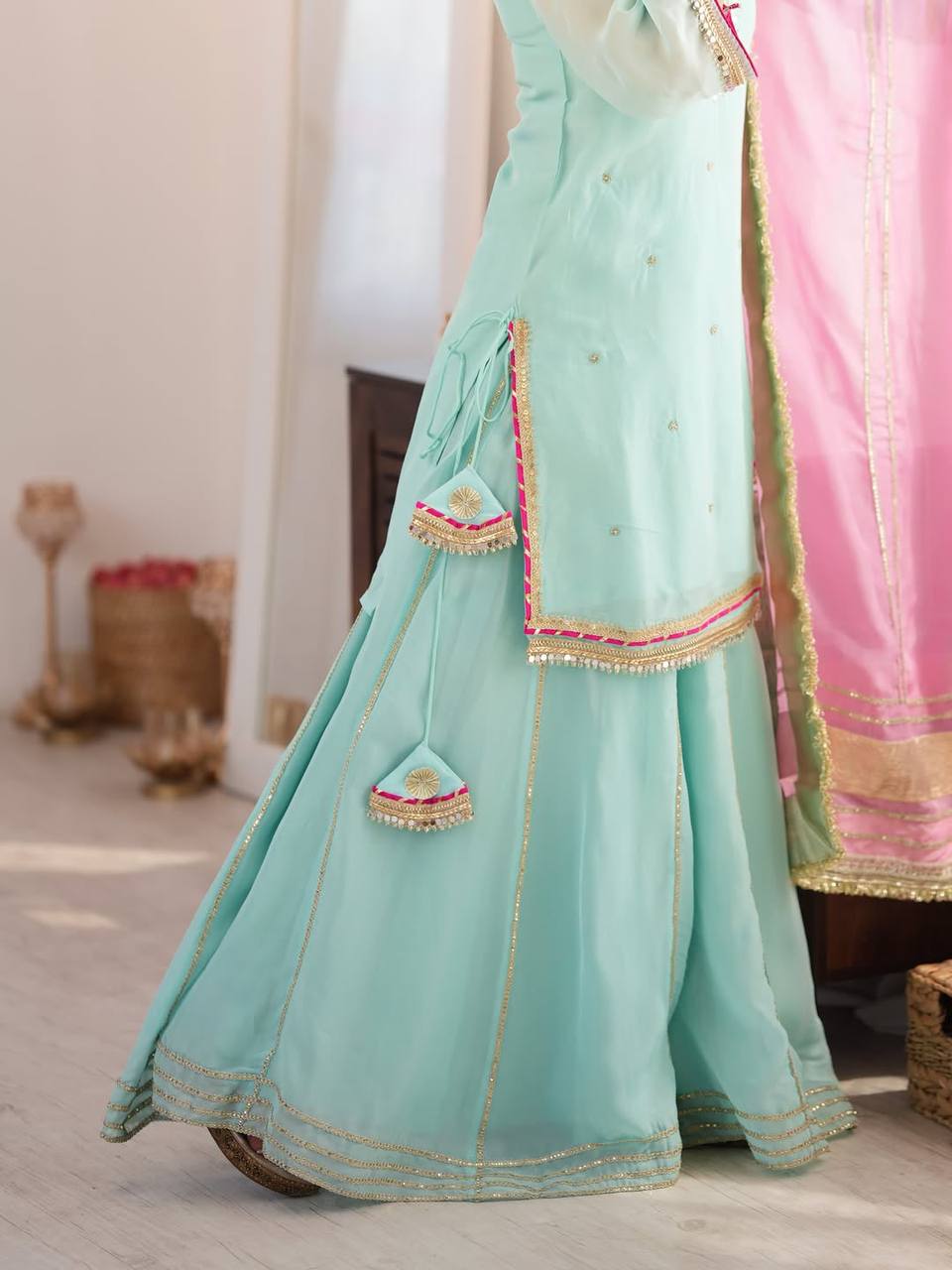 Designer Embroidered Pakistani Suit Set with Sharara & Dupatta