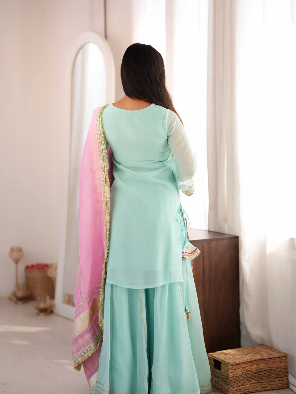 Designer Embroidered Pakistani Suit Set with Sharara & Dupatta