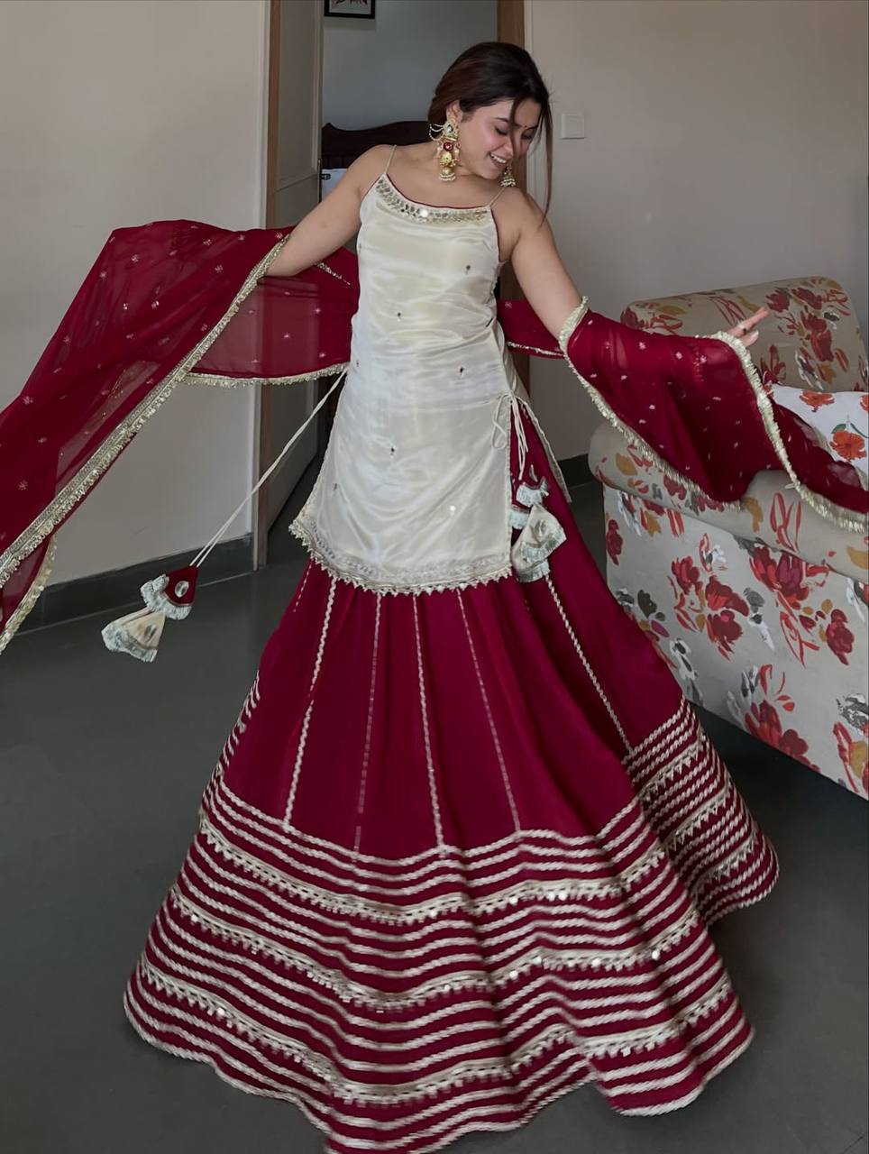 Designer Maroon & Ivory Embroidered Lehenga Choli Set with Dupatta