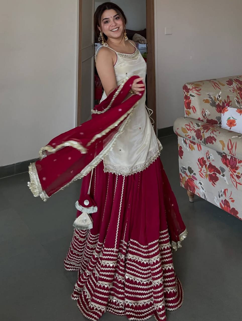 Designer Maroon & Ivory Embroidered Lehenga Choli Set with Dupatta