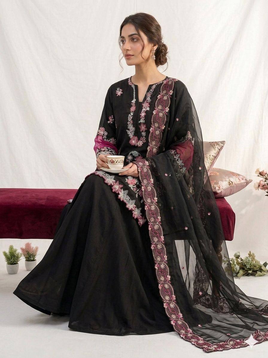 Black Embroidered Pakistani Anarkali Suit with Dupatta