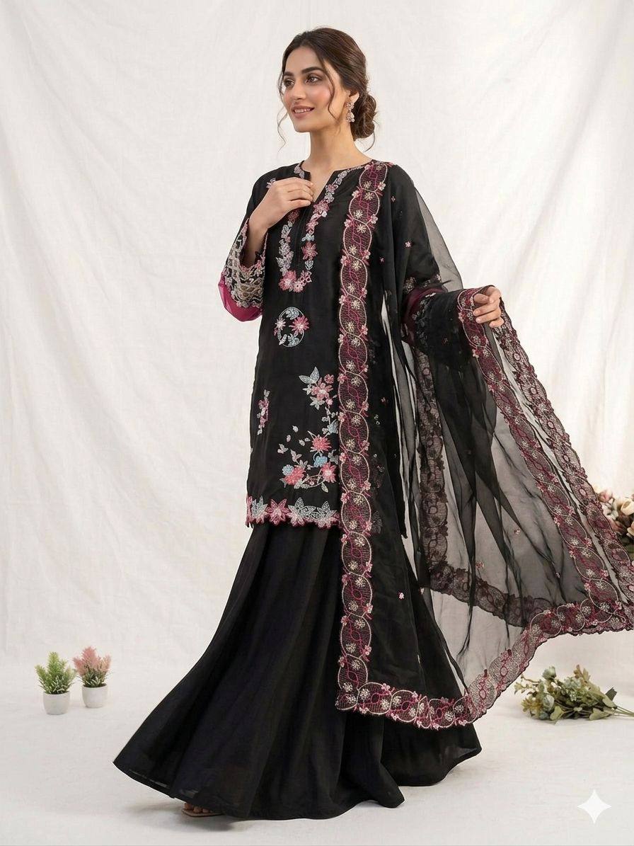 Black Embroidered Pakistani Anarkali Suit with Dupatta