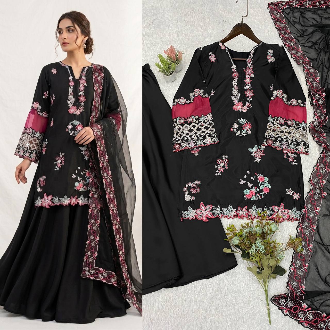 Black Embroidered Pakistani Anarkali Suit with Dupatta