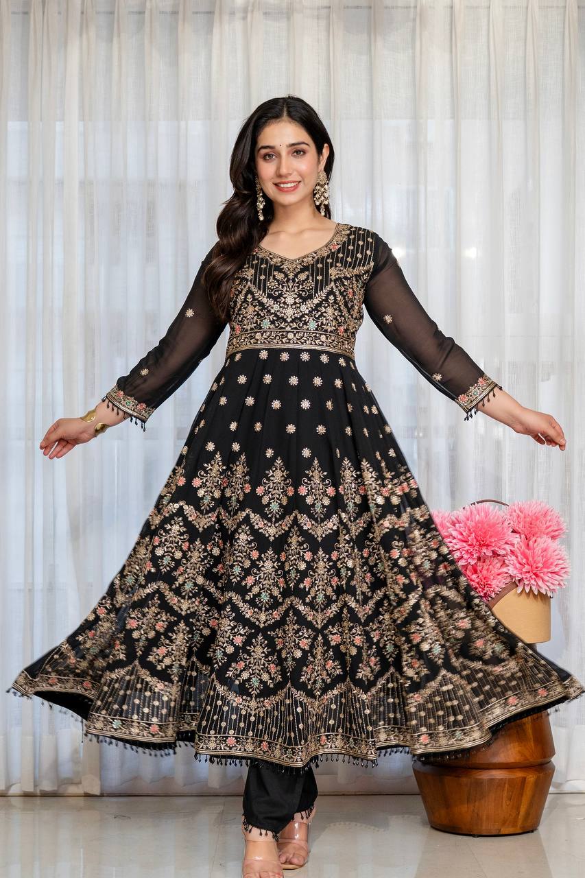 Premium Designer Embroidered Anarkali Gown | Heavy Floral Sequence & Thread Work | Festive Ethnic Wear