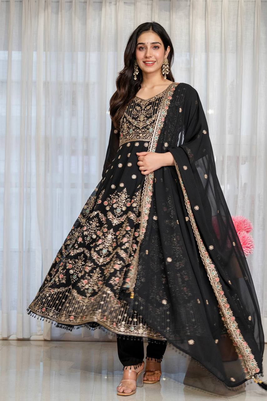 Premium Designer Embroidered Anarkali Gown | Heavy Floral Sequence & Thread Work | Festive Ethnic Wear